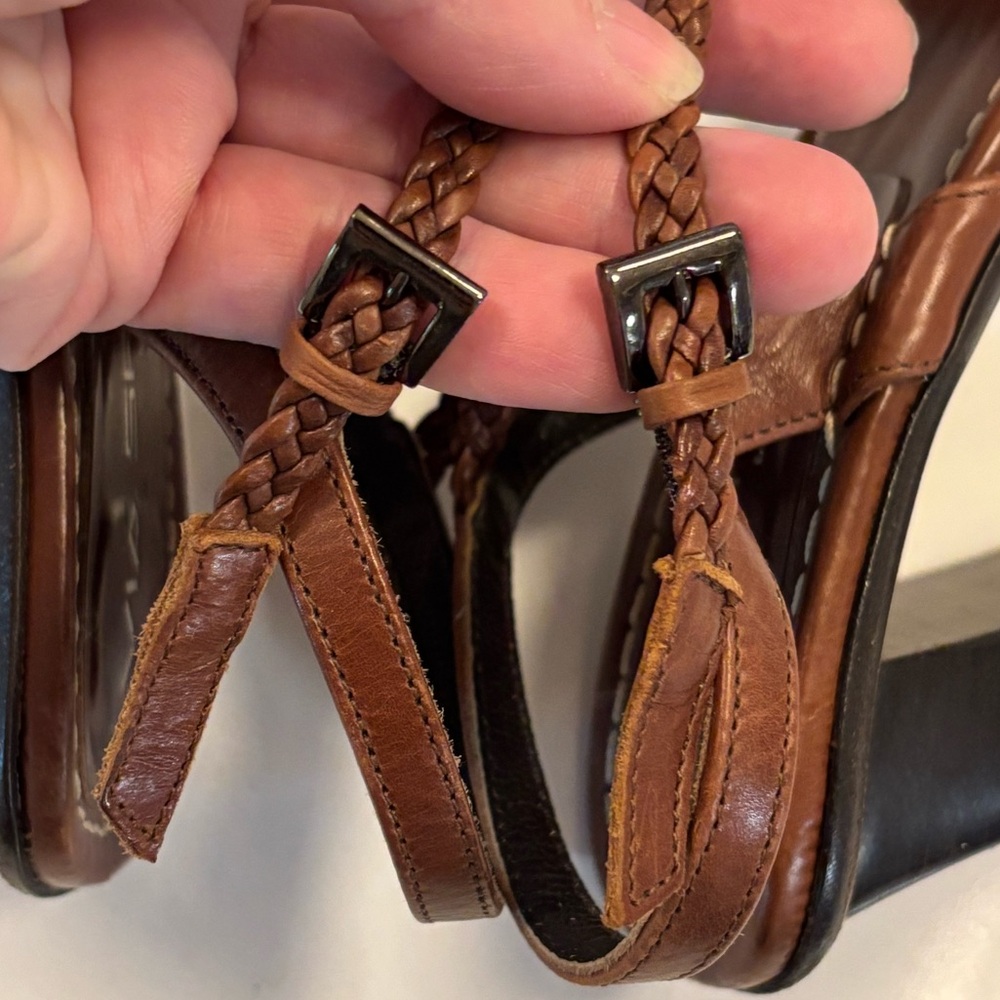 2/$100 VIA SPIGA vintage Dark Brown Heeled Sandals, braided leather details - Picture 7 of 10